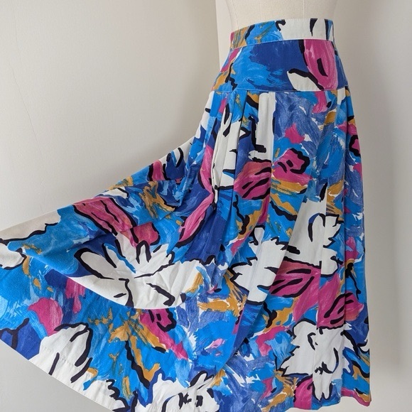 80s Floral Skirt Set Button Down Short Sleeve Shirt Circle Pleated Midi Full - Picture 5 of 5